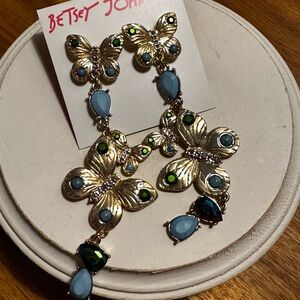 Betsey Johnson Gold Butterfly Earrings with Blue and Green Accents